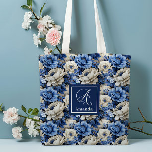 Lyxig blå elfenbensfärgad blomma Personlig shoppin Tygkasse
