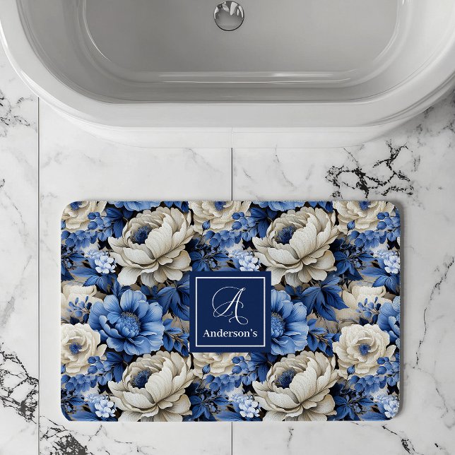 Lyxig blå elfenbensfärgade blommor Personlig badru Badrumsmatta (Luxury Blue Ivory Flowers Personalized Bath Mat)