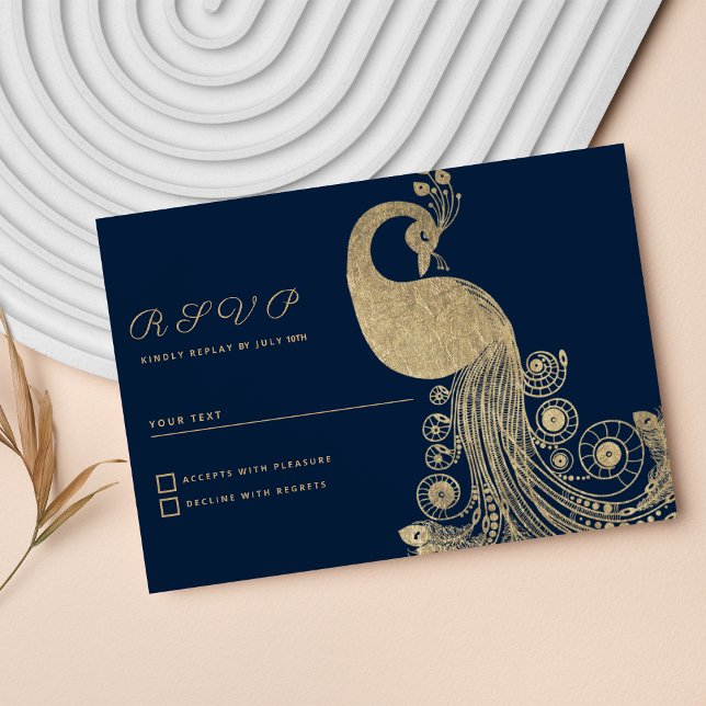 Lyxig blå guld kunglig påfågel elegant svar inbjudningar (Luxury blue gold royal peacock elegant RSVP)