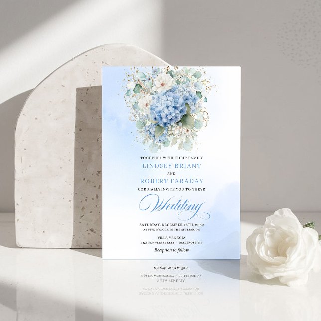 Lyxig Blå Hortensia Blommig Guld Bröllopsinbjudan Inbjudningar (Luxury Blue Hydrangea Floral Gold Wedding Invite)