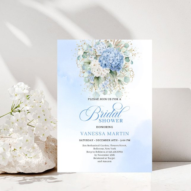 Lyxig blå hortensia bröllopsdusch guld inbjudan (Luxury Blue Hydrangea Bridal Shower Gold Invitation)