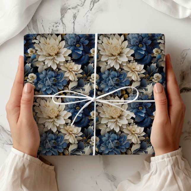 Lyxig Blå Vit Elfenbensblomma Stilfull Inpackning Presentpapper (Luxury Blue White Ivory Floral Stylish Wrapping Paper)