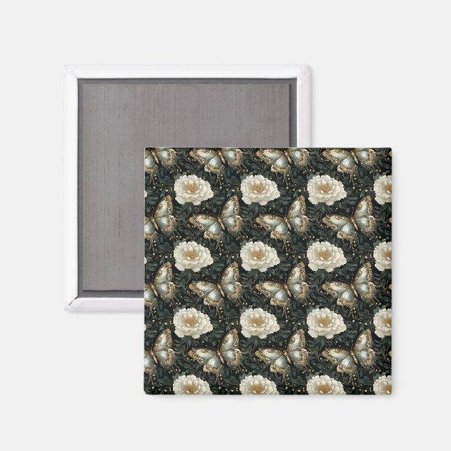 Lyxig blom- och fjärilssömlös mönster magnet (Front/Back)