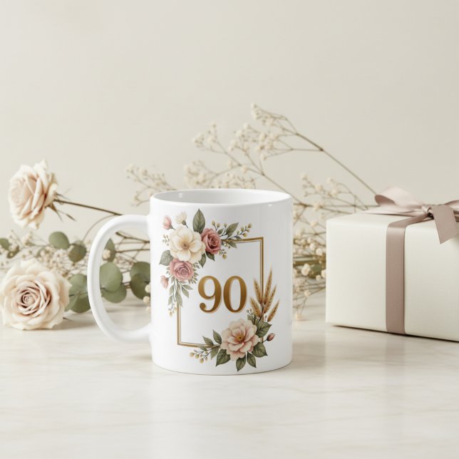 Lyxig Blommig 90-årsfirande Minnessaker Kaffemugg (Vintage Floral 90th Birthday Custom Name Coffee Mug)