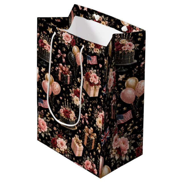 Lyxig Blommig Födelsedagsmönster Svart (Framsidan Vinklad)