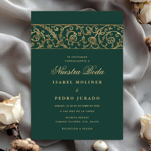Lyxig Blommig Grön & Guld Nuestra Boda Bröllop Inbjudningar