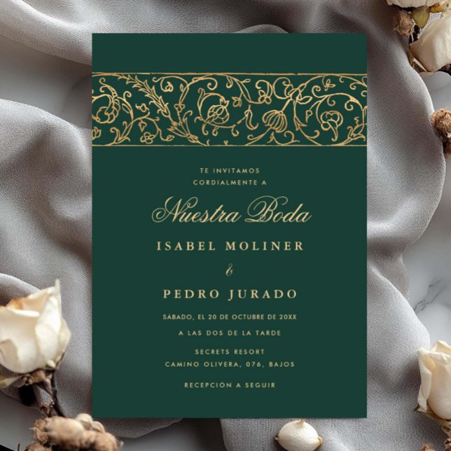 Lyxig Blommig Grön & Guld Nuestra Boda Bröllop Inbjudningar (Skapare uppladdad)