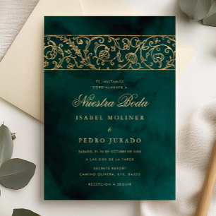 Lyxig Blommig Guld & Grön Nuestra Boda Bröllop Inbjudningar