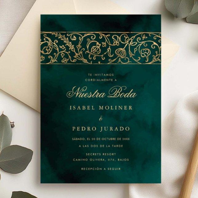 Lyxig Blommig Guld & Grön Nuestra Boda Bröllop Inbjudningar (Skapare uppladdad)