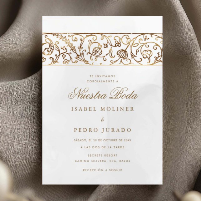 Lyxig Blommig Guld & Kräm Nuestra Boda Bröllop Inbjudningar (Skapare uppladdad)