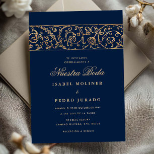Lyxig Blommig Guld Marinblå Nuestra Boda Bröllop Inbjudningar