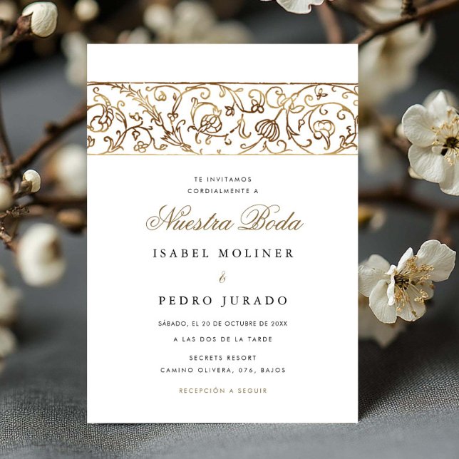 Lyxig Blommig Guld Nuestra Boda Spansk Bröllop Inbjudningar (Skapare uppladdad)