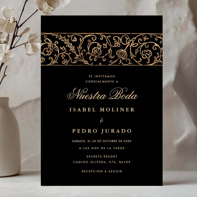 Lyxig Blommig Guld & Svart Nuestra Boda Bröllop Inbjudningar (Skapare uppladdad)