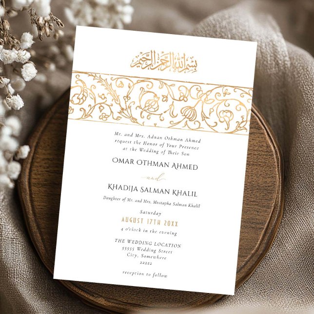 Lyxig Blommig Guld & Vit Islamisk Muslimsk Bröllop Inbjudningar (Skapare uppladdad)