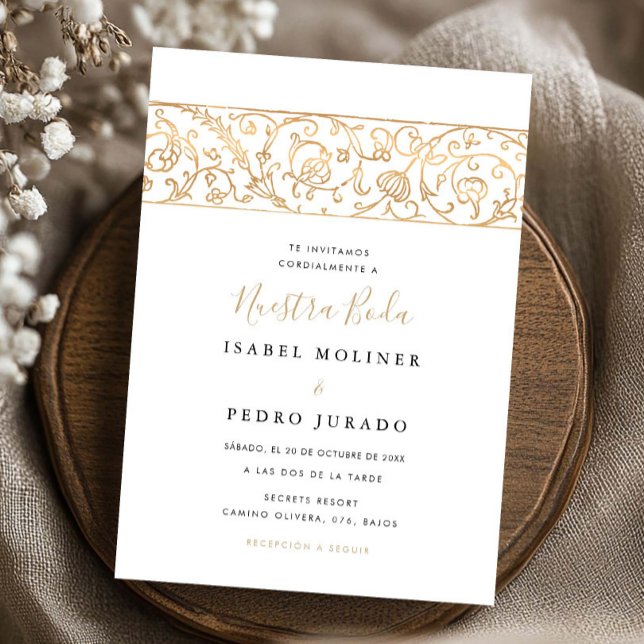 Lyxig Blommig Guld & Vit Nuestra Boda Bröllop Inbjudningar (Skapare uppladdad)