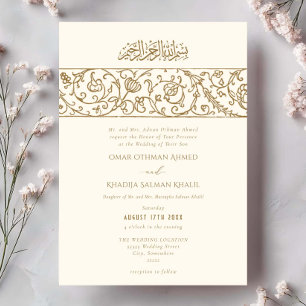 Lyxig Blommig Kräm & Guld Islamisk Muslimsk Bröllo Inbjudningar