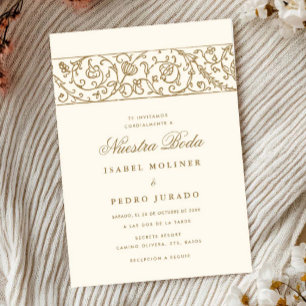 Lyxig Blommig Kräm & Guld Nuestra Boda Bröllop Inbjudningar