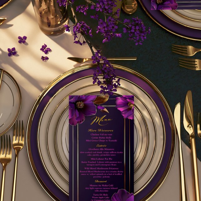 Lyxig Blommig Lila Lysande Violetta Bröllop  Meny (Chic Floral Luminous Violets Purple Wedding Menu )