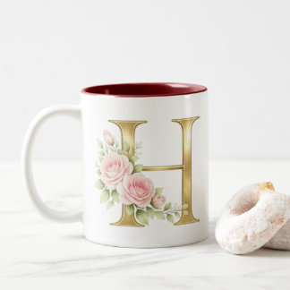 Lyxig Blommig Monogram Bokstav H – Elegant Guldini Två-Tonad Mugg