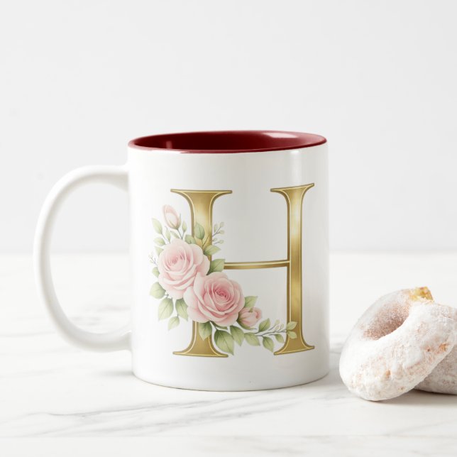 Lyxig Blommig Monogram Bokstav H – Elegant Guldini Två-Tonad Mugg (Med munk)