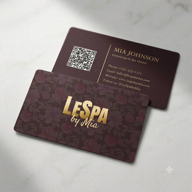 Lyxig blomster spa Burgundy Guld QR-kod Visitkort (Skapare uppladdad)