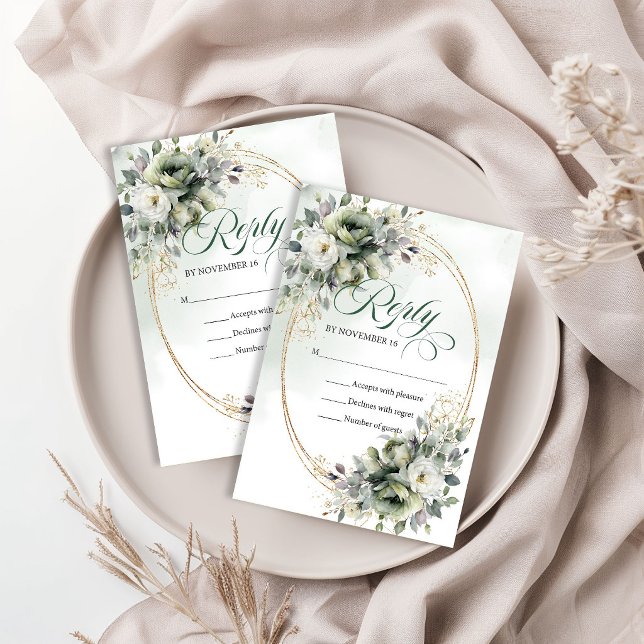 Lyxig blomsterrik bohemisk eukalyptusgrön bröllops OSA kort (Luxe Floral Bohemian Eucalyptus Green Wedding RSVP Card)