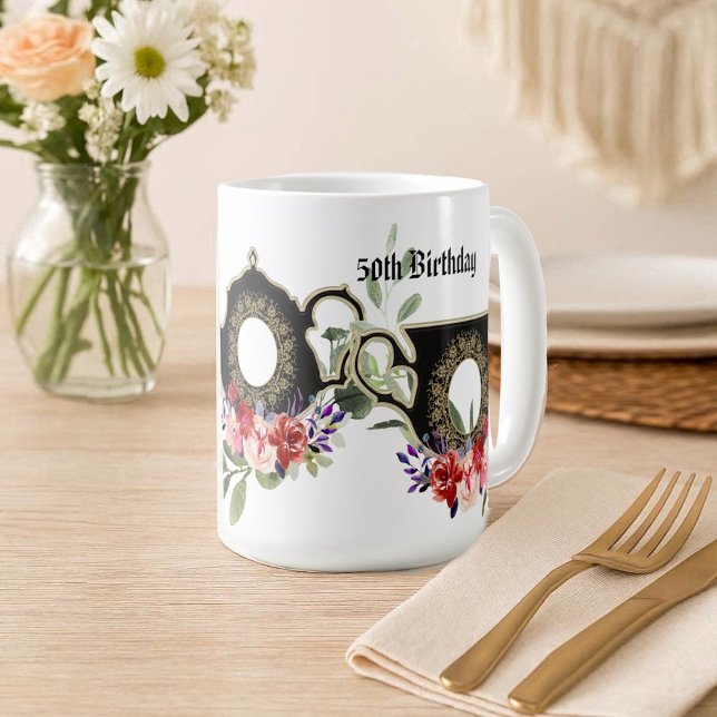 Lyxig blomsterte-kalas Afternoon Tea 50-årsfirande Kaffemugg (Luxury Floral Teapot Afternoon Tea 50th Birthday Coffee Mug)