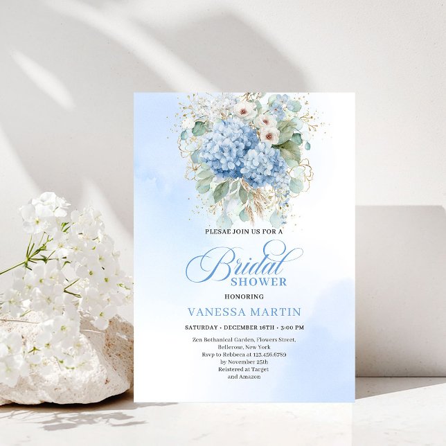 Lyxig Bohemisk Blå Hortensia Bröllopsfest Inbjudan (Luxury Bohemian Blue Hydrangea Bridal Shower Invitation)