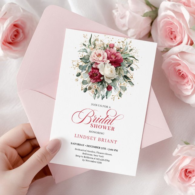 Lyxig Bohemisk Burgunder Rosa Guld Bröllopsdusch Inbjudningar (Luxury Bohemian Burgundy Blush Gold Bridal Shower)