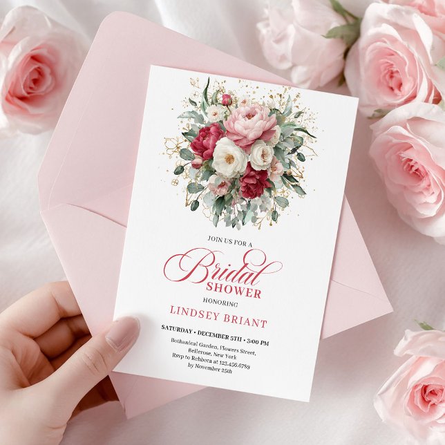 Lyxig Bohemisk Mörkröd Vit Grönska Dusch Inbjudningar (Classic Boho Burgundy Blush Gold Bridal Shower)