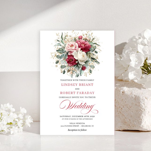 Lyxig Bohemisk Rubinvit Guld Bröllopsinbjudan Inbjudningar (Luxury Bohemian Ruby Red White Gold Wedding Invite)