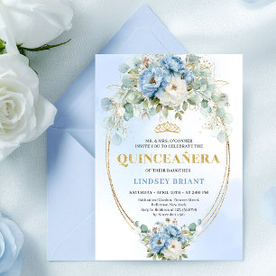 Lyxig Boho Blå Peonies Quinceañera Utskriftbar Inbjudningar
