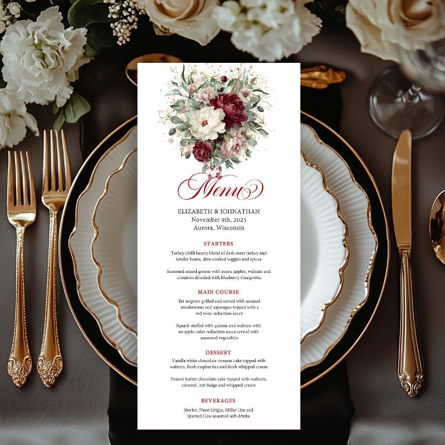 Lyxig Boho Burgunder Röd Blommig Guld Meny Kort (Luxury Boho Burgundy Floral Gold Menu Card)
