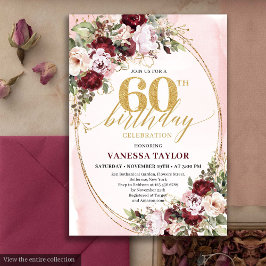Lyxig Boho Burgundy Guld Blommig 60-årsdag Inbjudningar