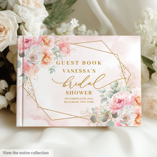 Lyxig Boho Rosa Guld Blommig Bröllopsdusch Gästböcker (Luxury Boho Blush Gold Floral Bridal Shower Guest Book)