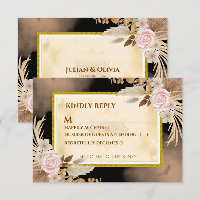 Lyxig Boho Svart och Guld RSVP-kort OSA Kort (Fram/baksida)