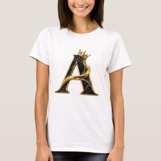Lyxig Bokstav A T-Shirt | Svart Guld Krona Initial