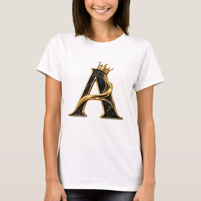 Lyxig Bokstav A T-Shirt | Svart Guld Krona Initial (Framsida)