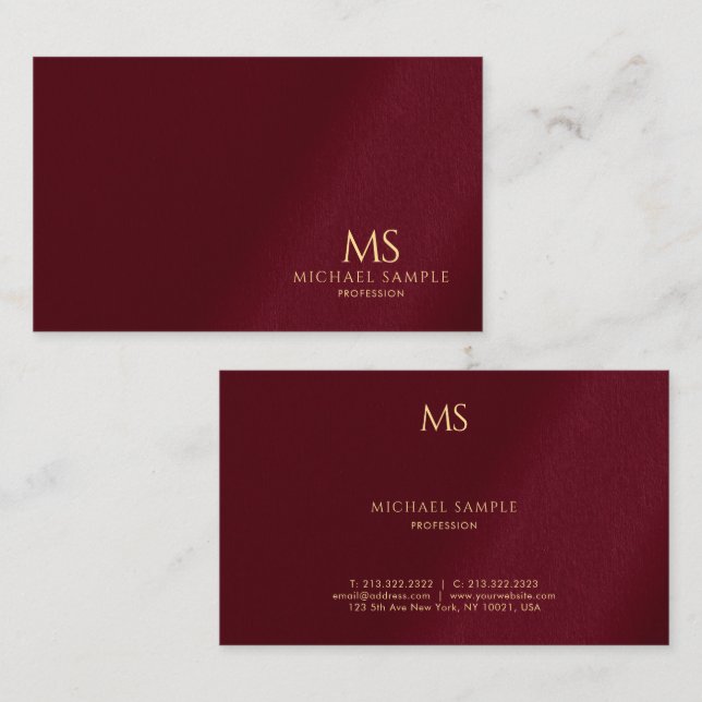 Lyxig Bordeaux Elegant Guldtext Monogram Visitkort (Fram/baksida)