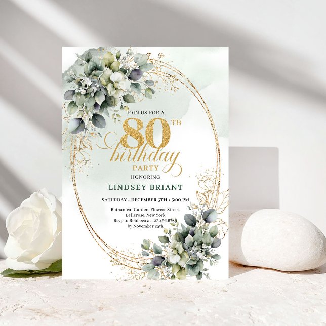 Lyxig botanisk eukalyptus 80-års födelsedagsinbjud inbjudningar (Luxury Botanical Eucalyptus 80th Birthday Invite)