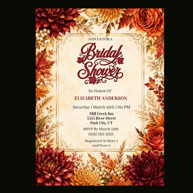 Lyxig Bröllopsbrudskväll Höst Inbjudningar (Elegant fall bridal shower invitation with burgundy, burnt orange, rust and gold watercolor flowers,)