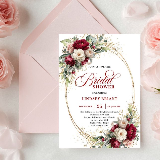 Lyxig bröllopsduschinbjudan i djup röd roséguld inbjudningar (Luxury Deep Red Rose Gold Bridal Shower Invitation)