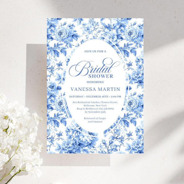 Lyxig bröllopsinbjudan med djupblå Toile-rosor Inbjudningar (Luxury Deep Blue Toile Roses Bridal Shower Invitation)