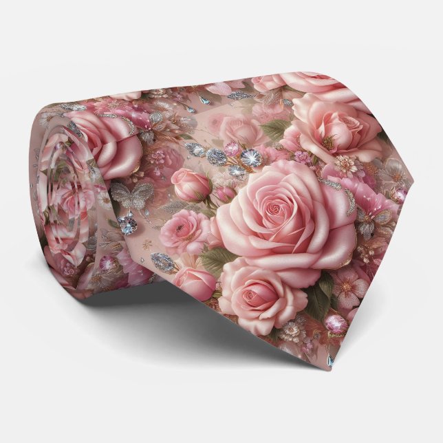 Lyxig bröllopsslips | Rosa rosor & diamanter Slips (Rullad)