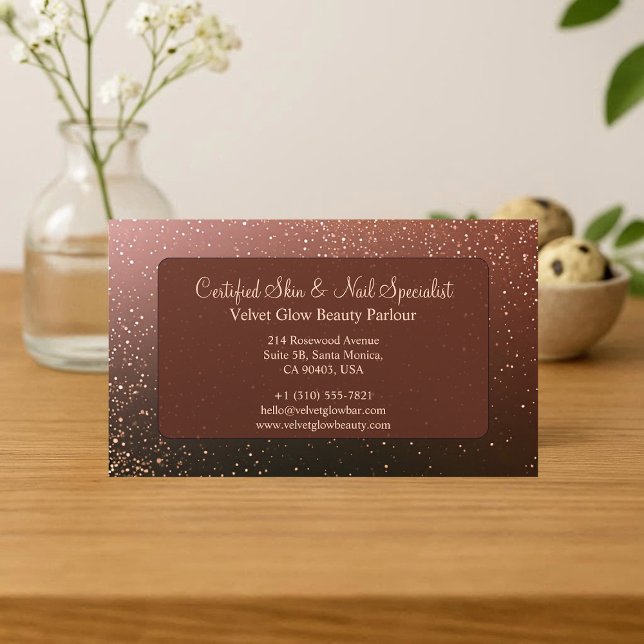 Lyxig Brun Glitter Skönhetssköterska Hud Nagel Exp Visitkort (Luxury Brown Glitter Beautician Skin Nail Expert Business Card)