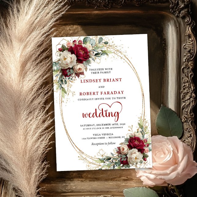 Lyxig Burgunder Böhmisk Blommig Bröllopsinbjudan Inbjudningar (Luxury Burgundy Bohemian Floral Wedding Invitation)