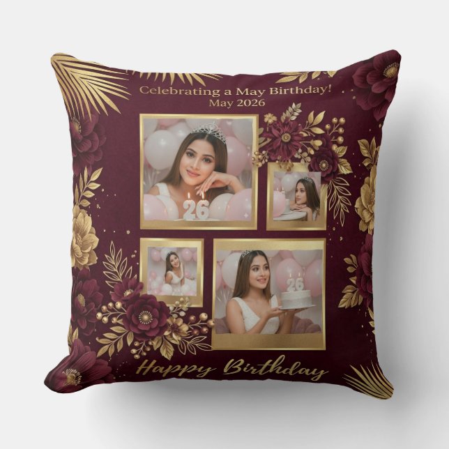 Lyxig Burgunder och Guld Maj Födelsedags Foto Coll Kudde (Framsida)