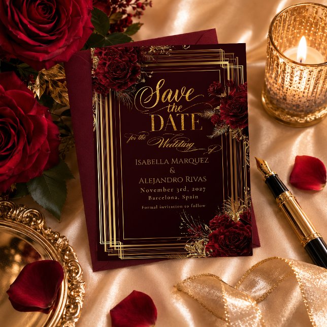 Lyxig Burgunder Rosa Guld Flamenco Spara Datumet (Stylish Burgundy and Gold Art Deco Save the Date)
