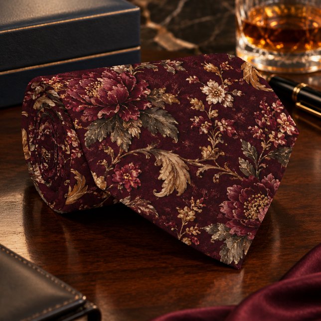 Lyxig Burgunder Vintage Blommig - mörk botanisk  Slips (Luxury Burgundy Vintage Floral - dark botanical Neck Tie

)