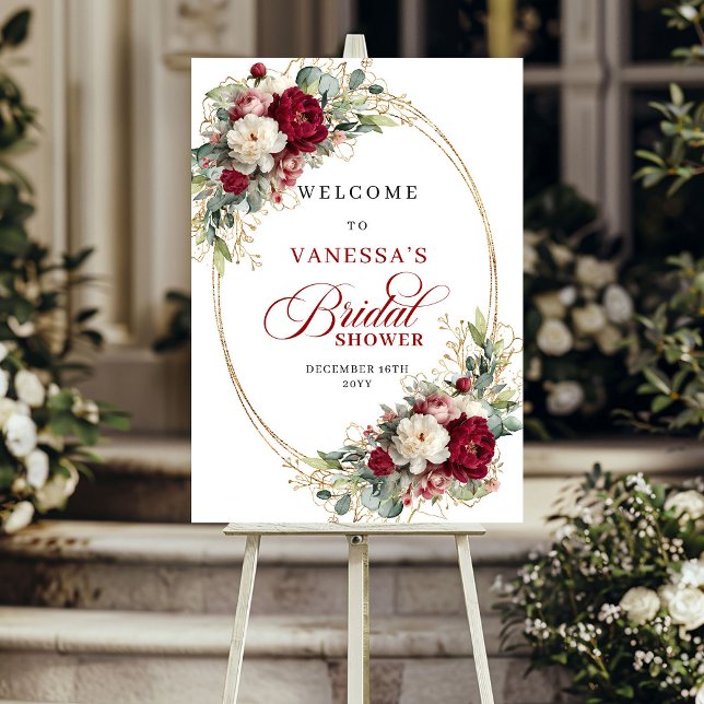 Lyxig burgunder vit blomster- grönskande bröllopsl poster (Luxe burgundy white floral gold greenery bridal sign)